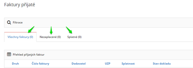 Filtry faktury přijaté